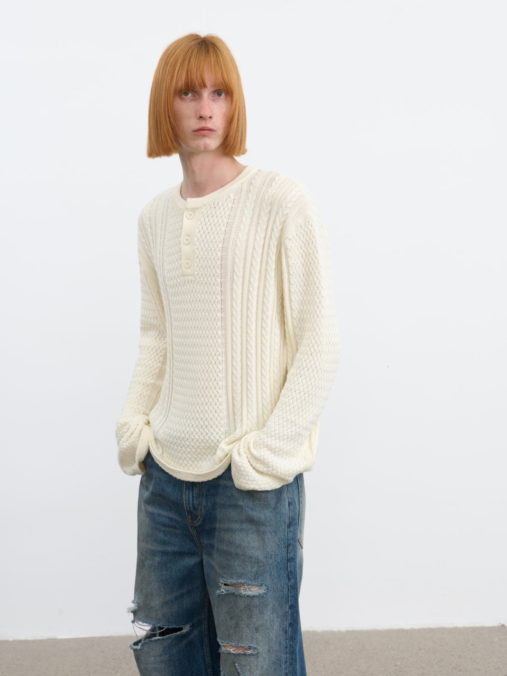 JCAESAR Henley collar scale‑pattern knit long‑sleeve