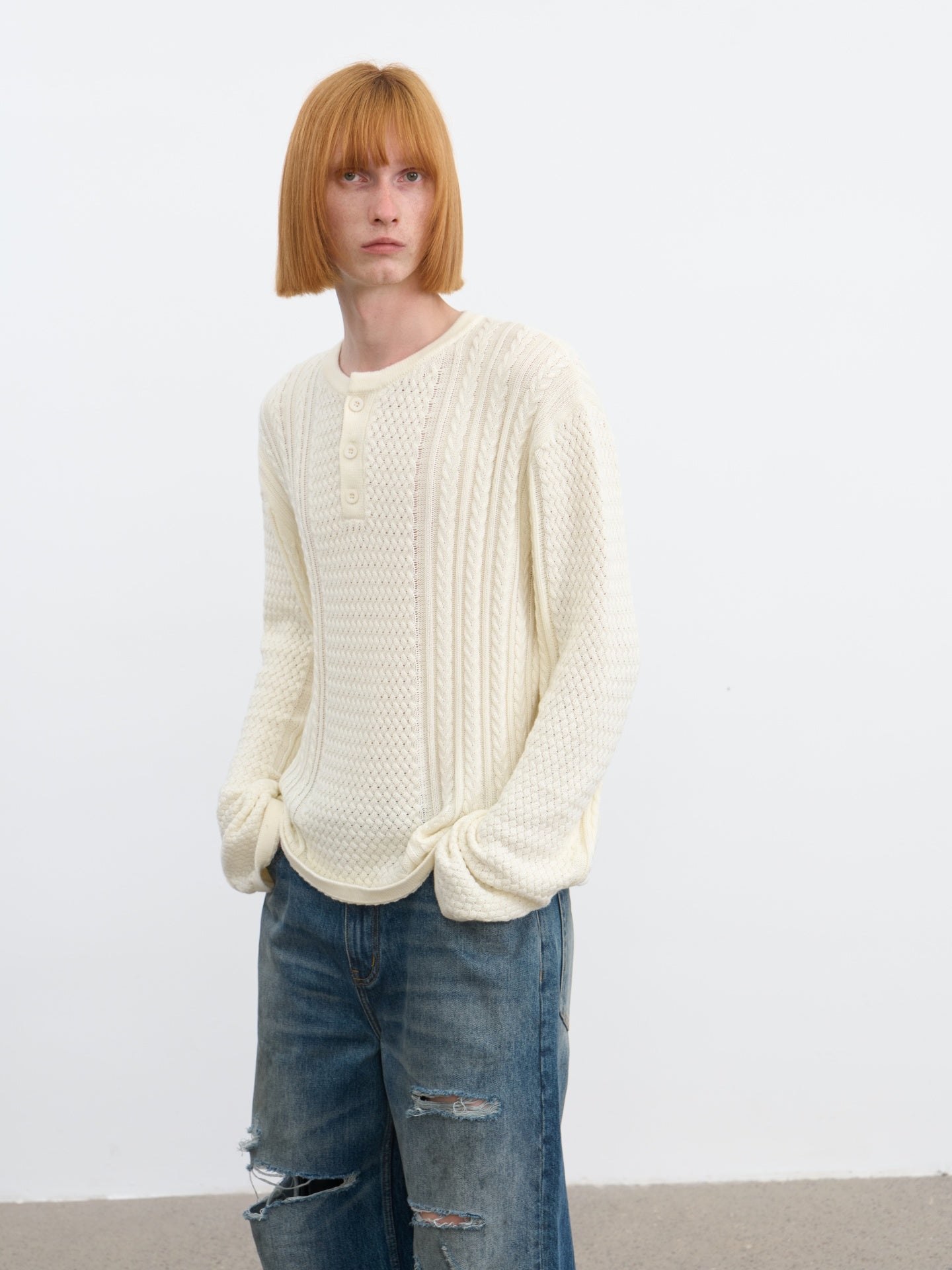 JCAESAR Henley collar scale‑pattern knit long‑sleeve