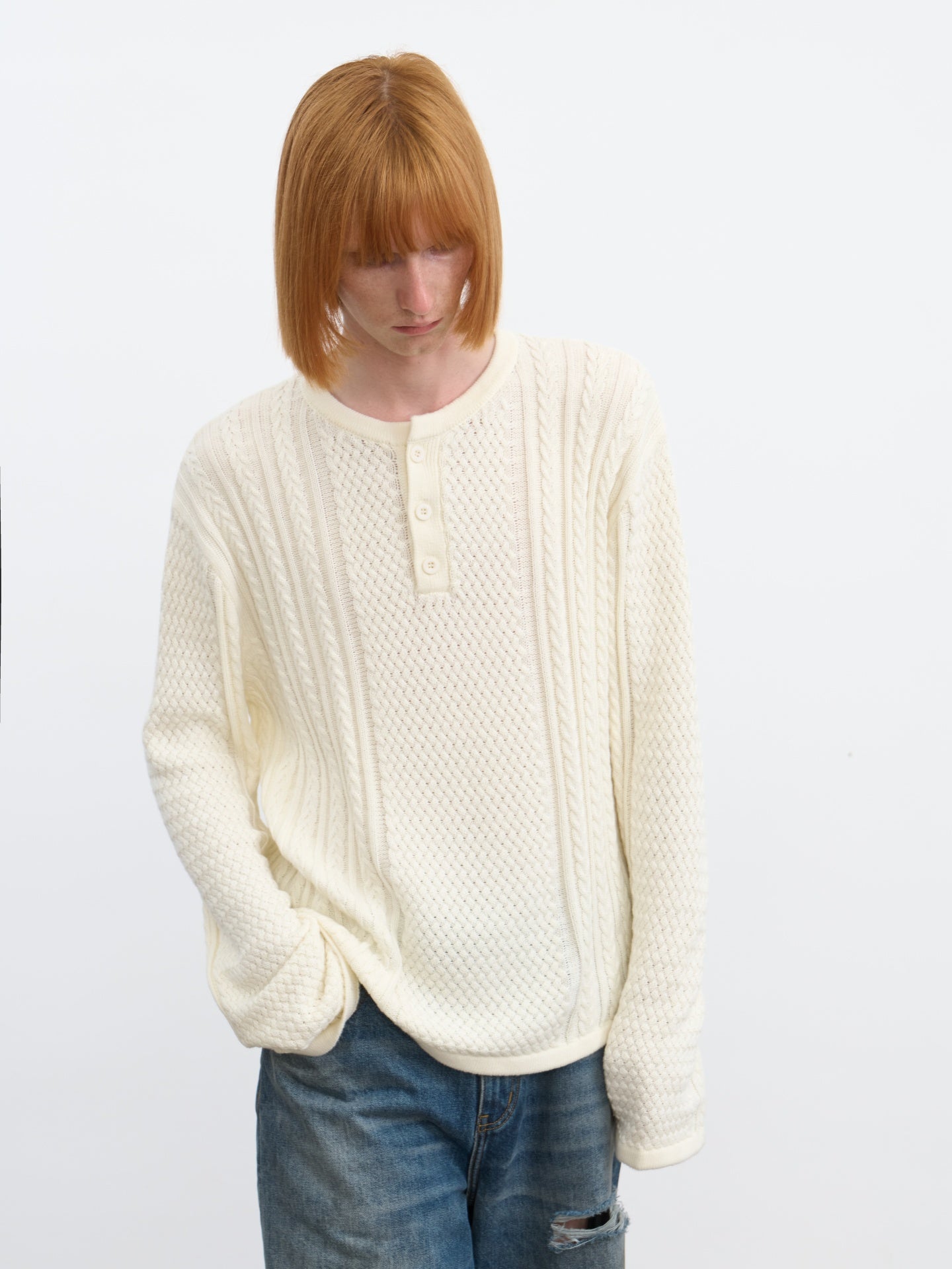 JCAESAR Henley collar scale‑pattern knit long‑sleeve