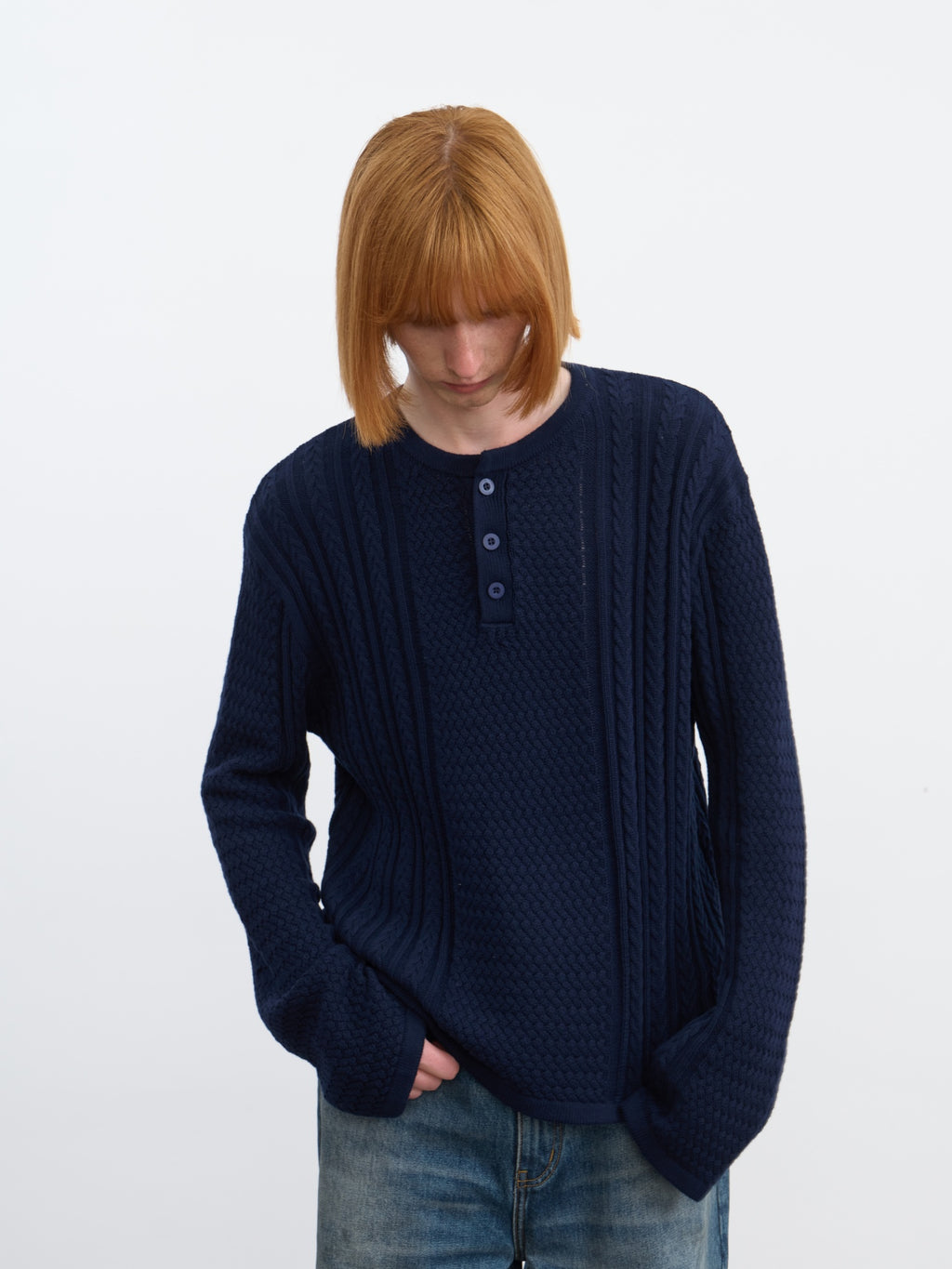 JCAESAR Henley collar scale‑pattern knit long‑sleeve