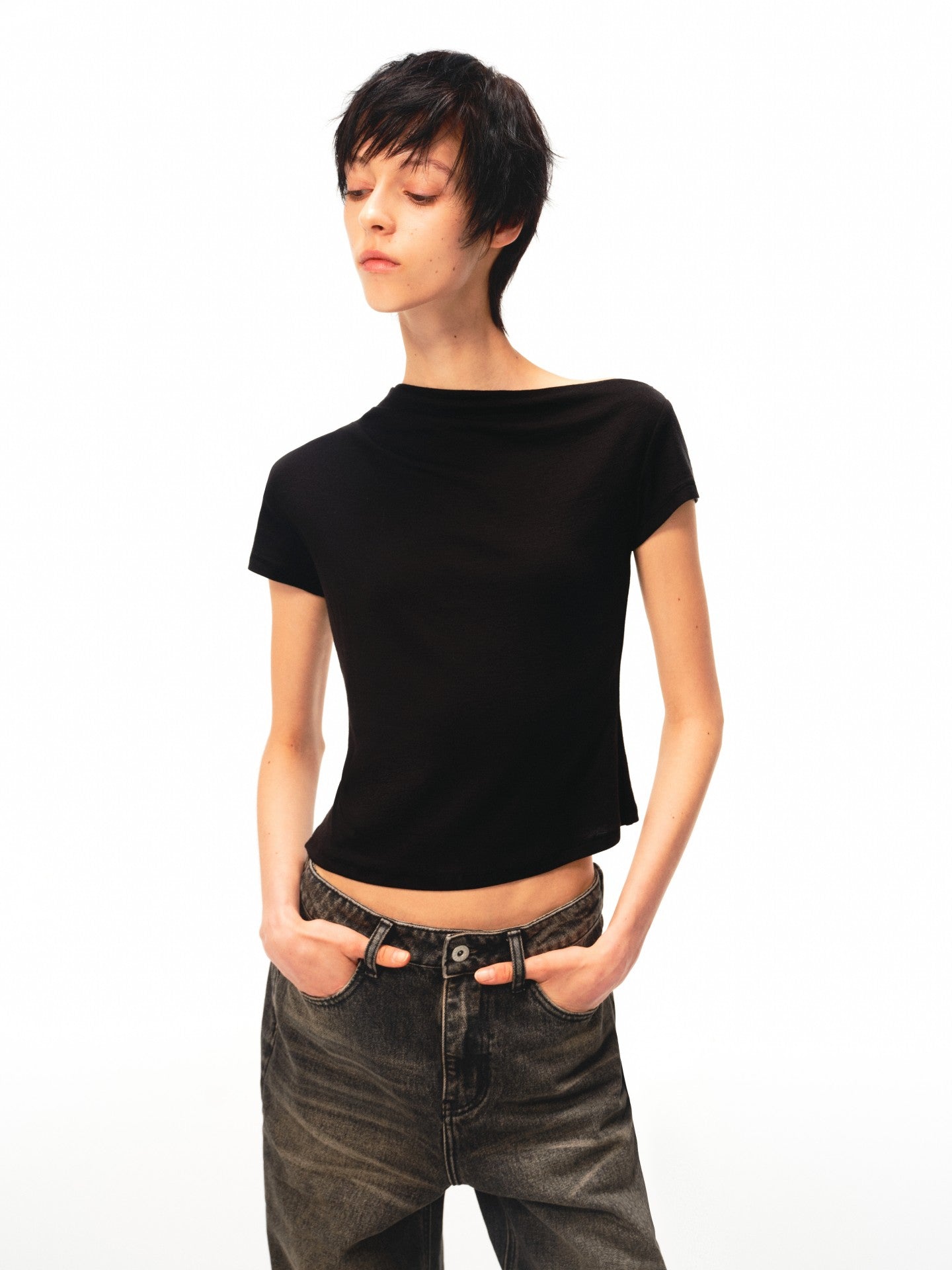 JCAESAR WOMEN Twisted Pleated Asymmetric‑Shoulder Tee