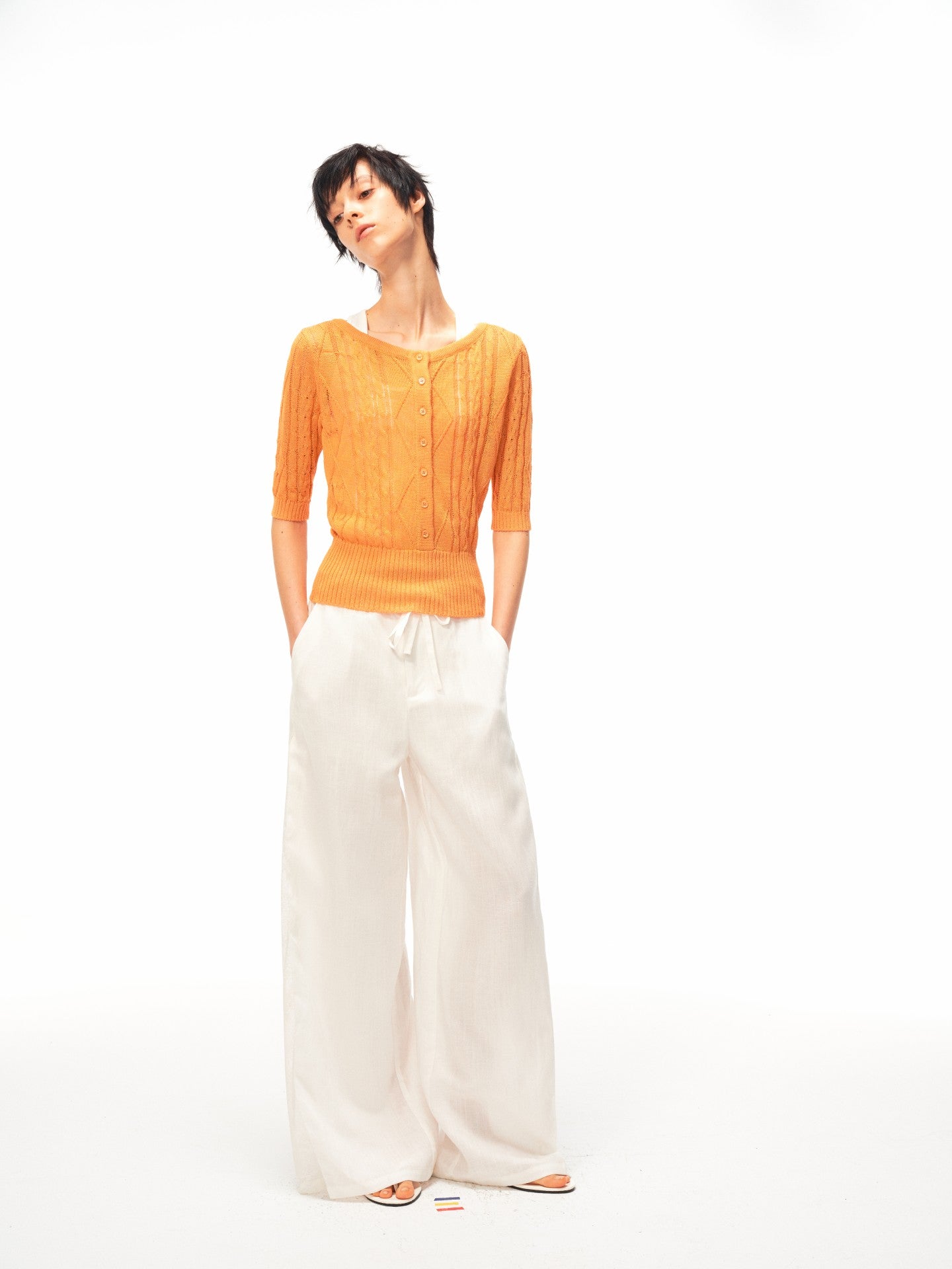 JCAESAR WOMEN Cable‑Knit Semi‑Sheer Short‑Sleeve Top