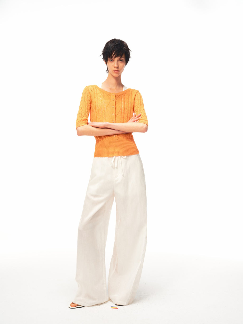 JCAESAR WOMEN Cable‑Knit Semi‑Sheer Short‑Sleeve Top