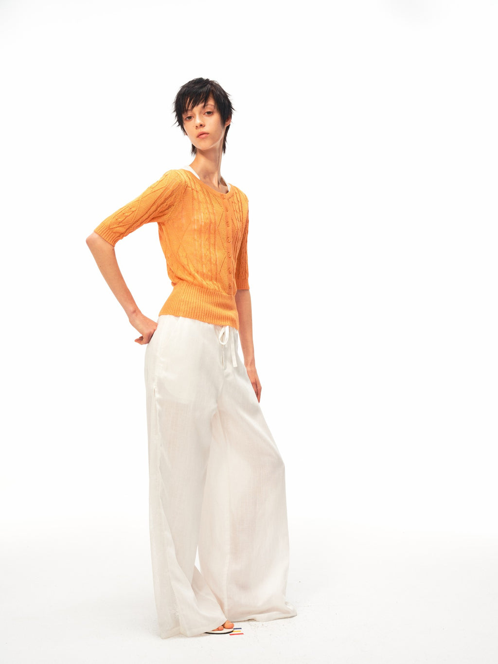 JCAESAR WOMEN Cable‑Knit Semi‑Sheer Short‑Sleeve Top