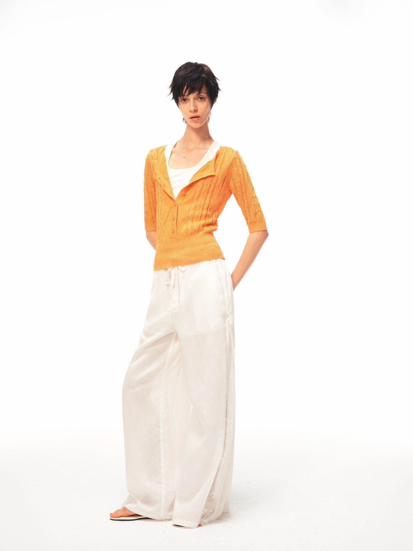 JCAESAR WOMEN Cable‑Knit Semi‑Sheer Short‑Sleeve Top