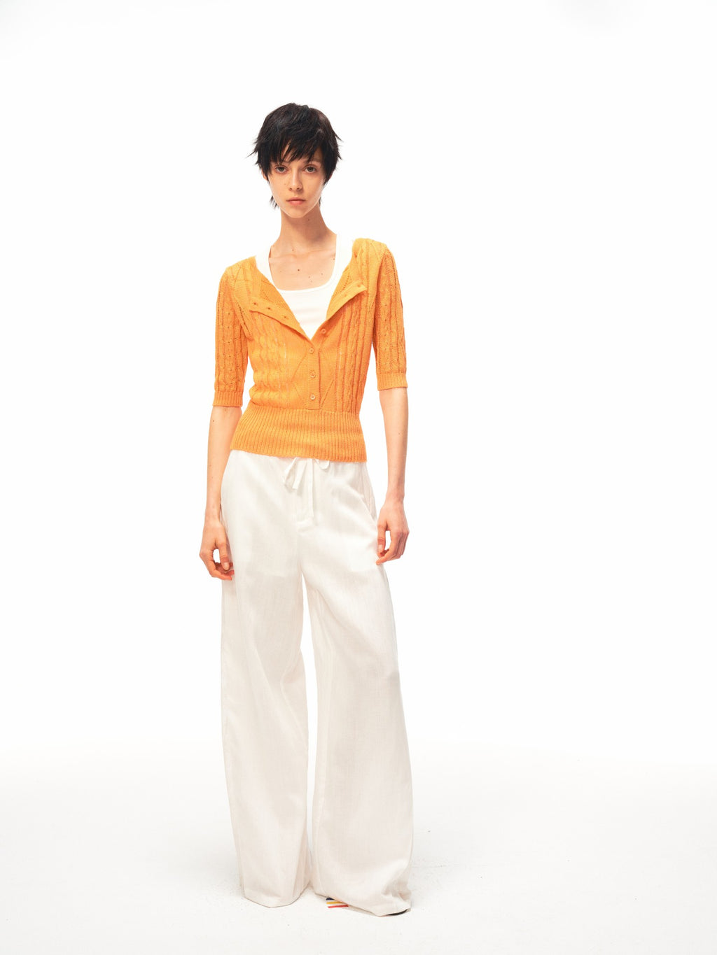 JCAESAR WOMEN Cable‑Knit Semi‑Sheer Short‑Sleeve Top