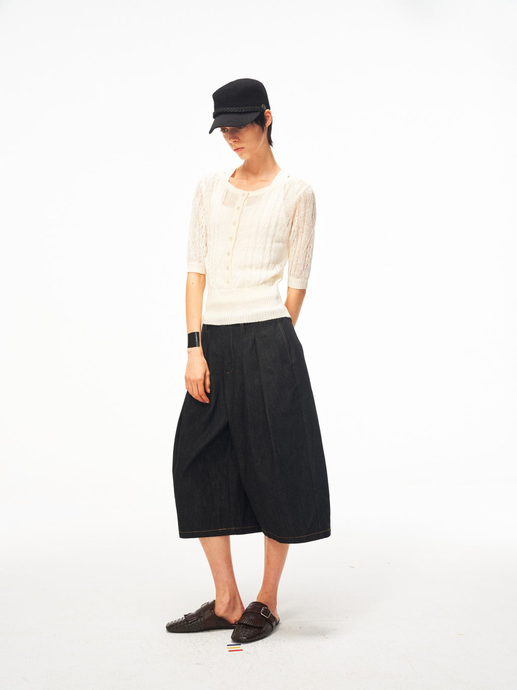 JCAESAR WOMEN Wide‑leg pleated mid‑length denim shorts