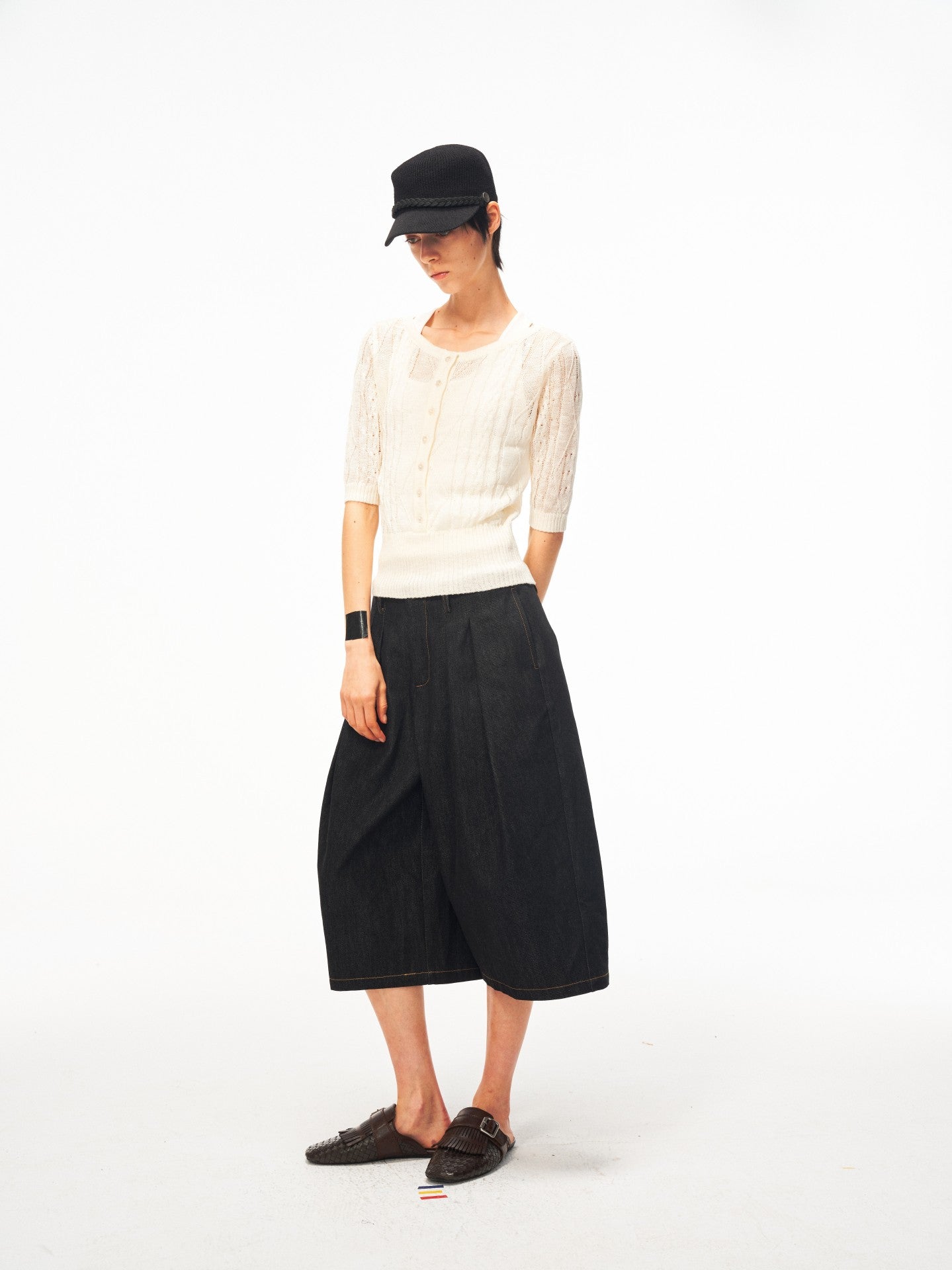JCAESAR WOMEN Wide‑leg pleated mid‑length denim shorts