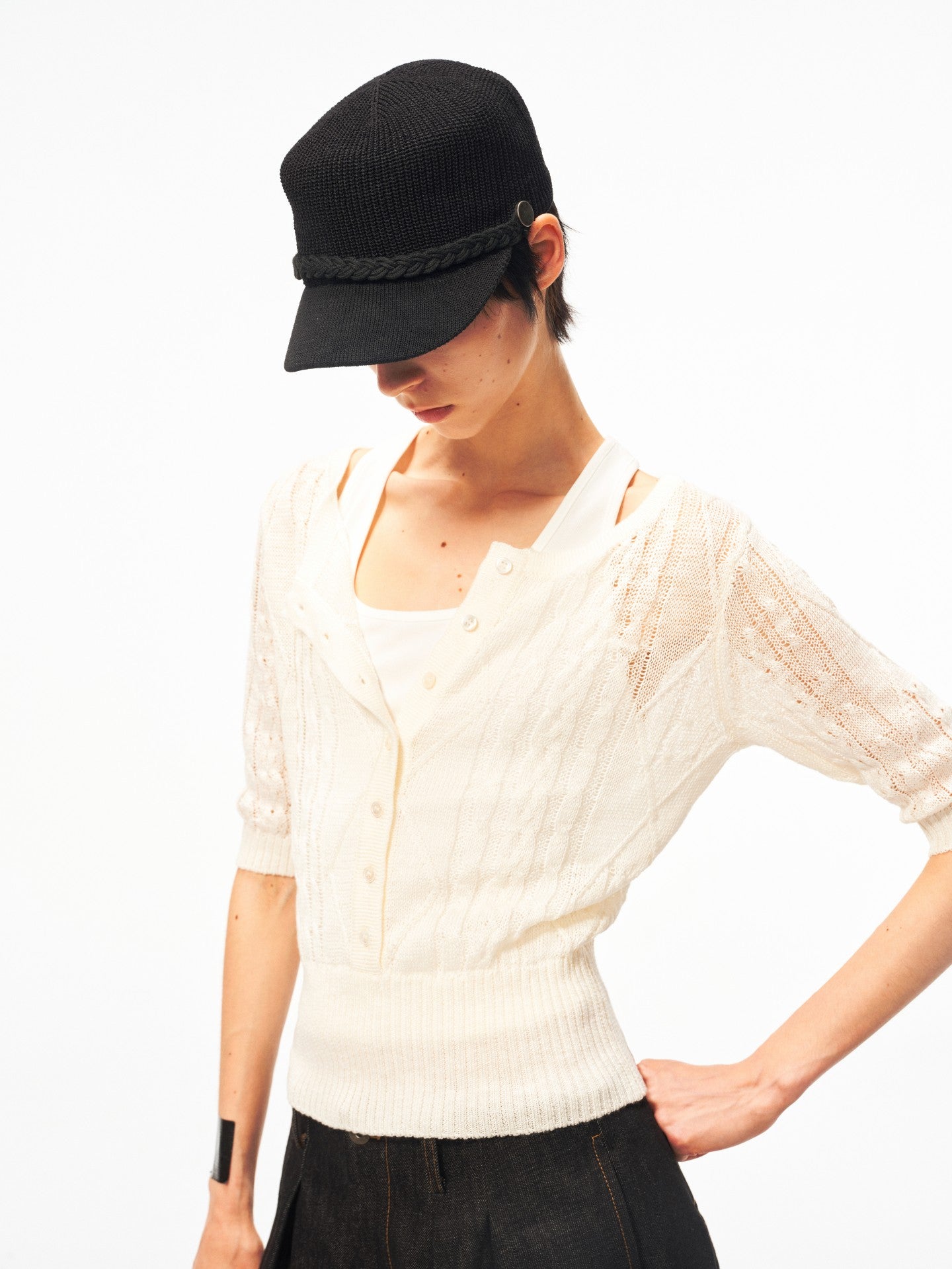 JCAESAR WOMEN Cable‑Knit Semi‑Sheer Short‑Sleeve Top