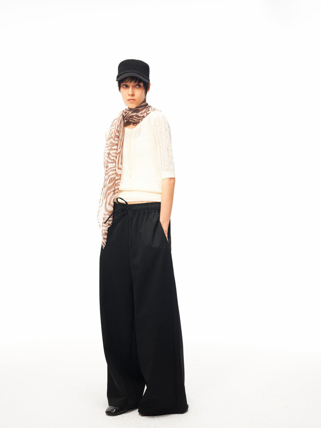 JCAESAR WOMEN Cable‑Knit Semi‑Sheer Short‑Sleeve Top