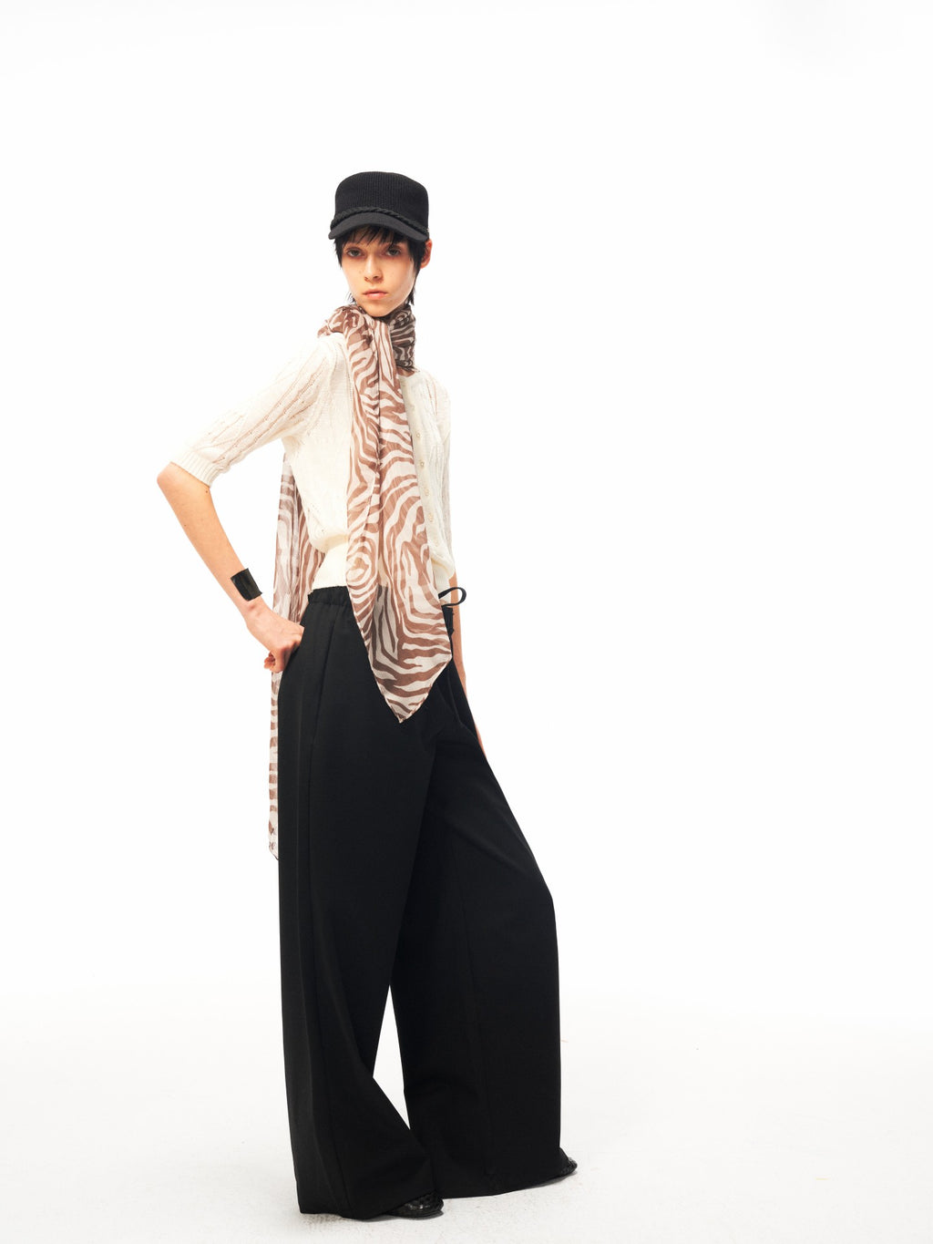 JCAESAR WOMEN Cable‑Knit Semi‑Sheer Short‑Sleeve Top