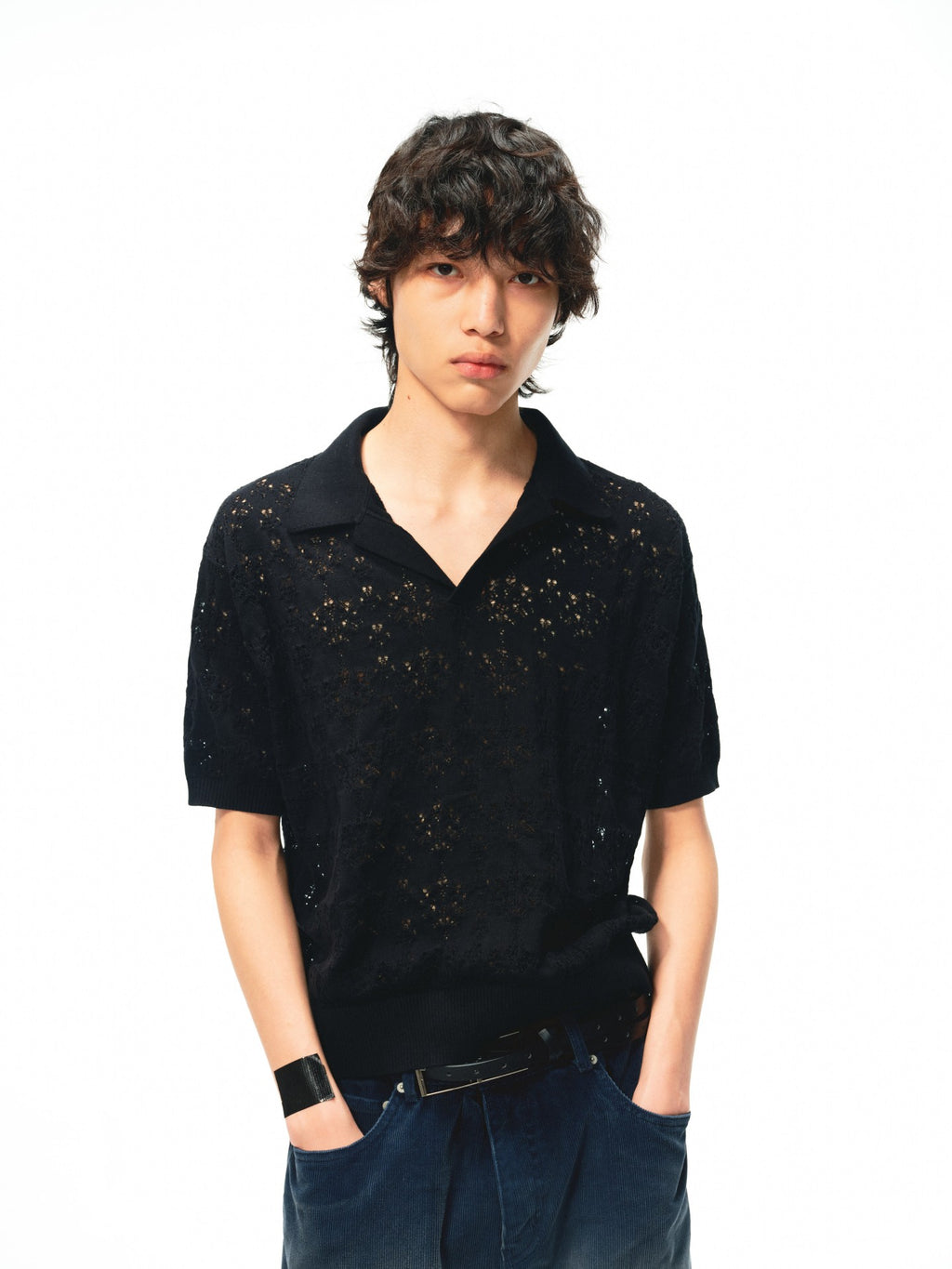 JCAESAR Hollow‑leaf patterned short‑sleeve knit shirt
