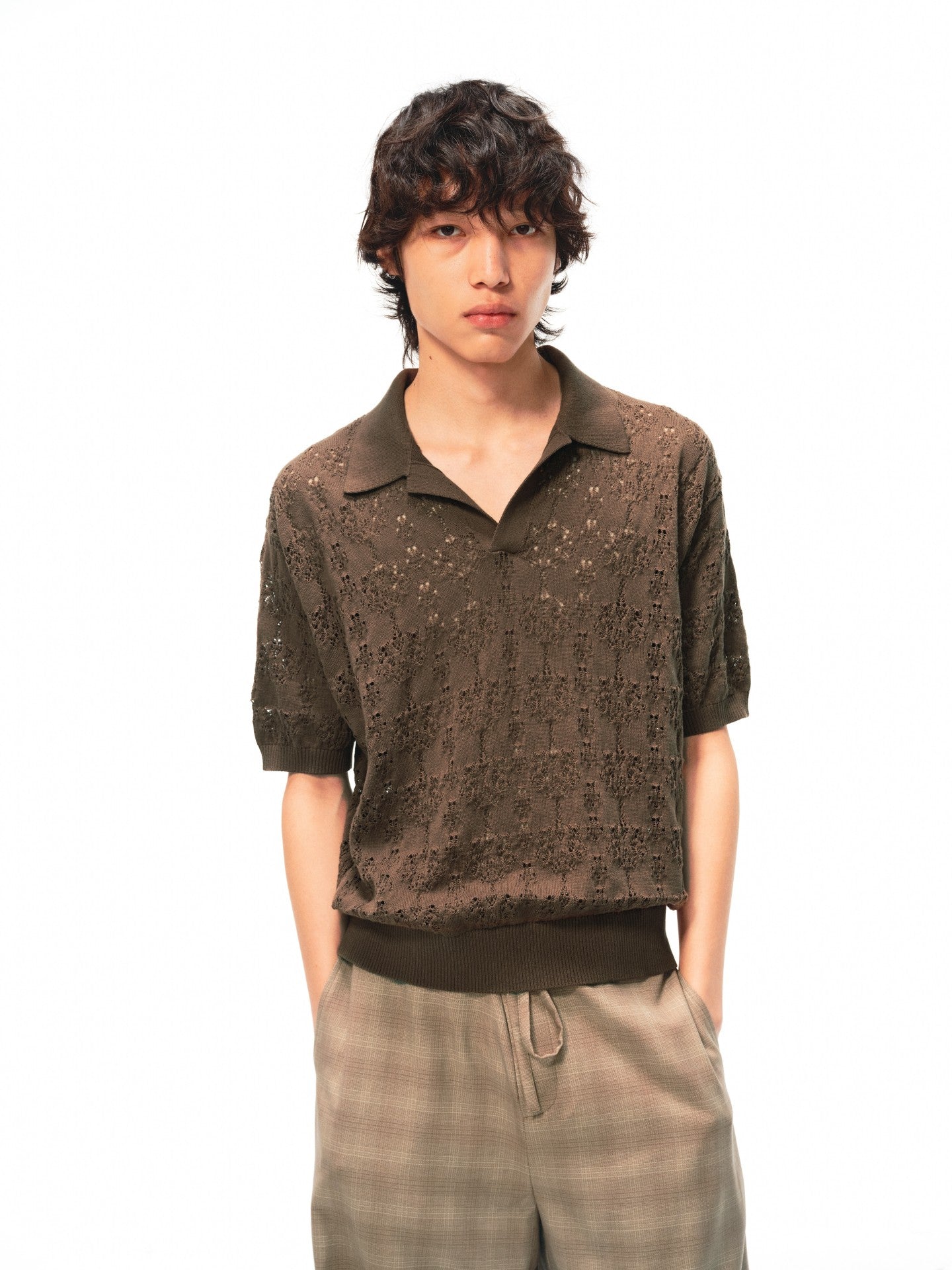 JCAESAR Hollow‑leaf patterned short‑sleeve knit shirt