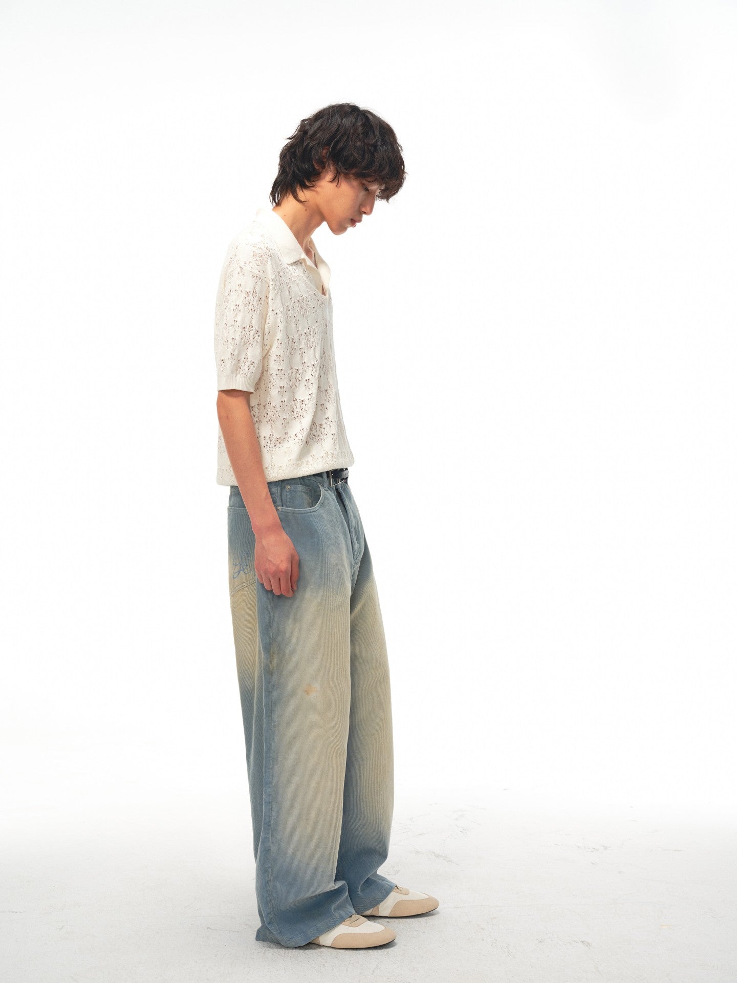 JCAESAR Washed corduroy pants with distressed finish in smog grey