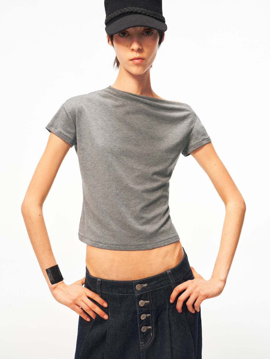 JCAESAR WOMEN Twisted Pleated Asymmetric‑Shoulder Tee