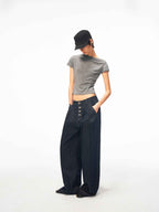 JCAESAR WOMEN Buttoned pleated cotton‑linen raw denim trousers