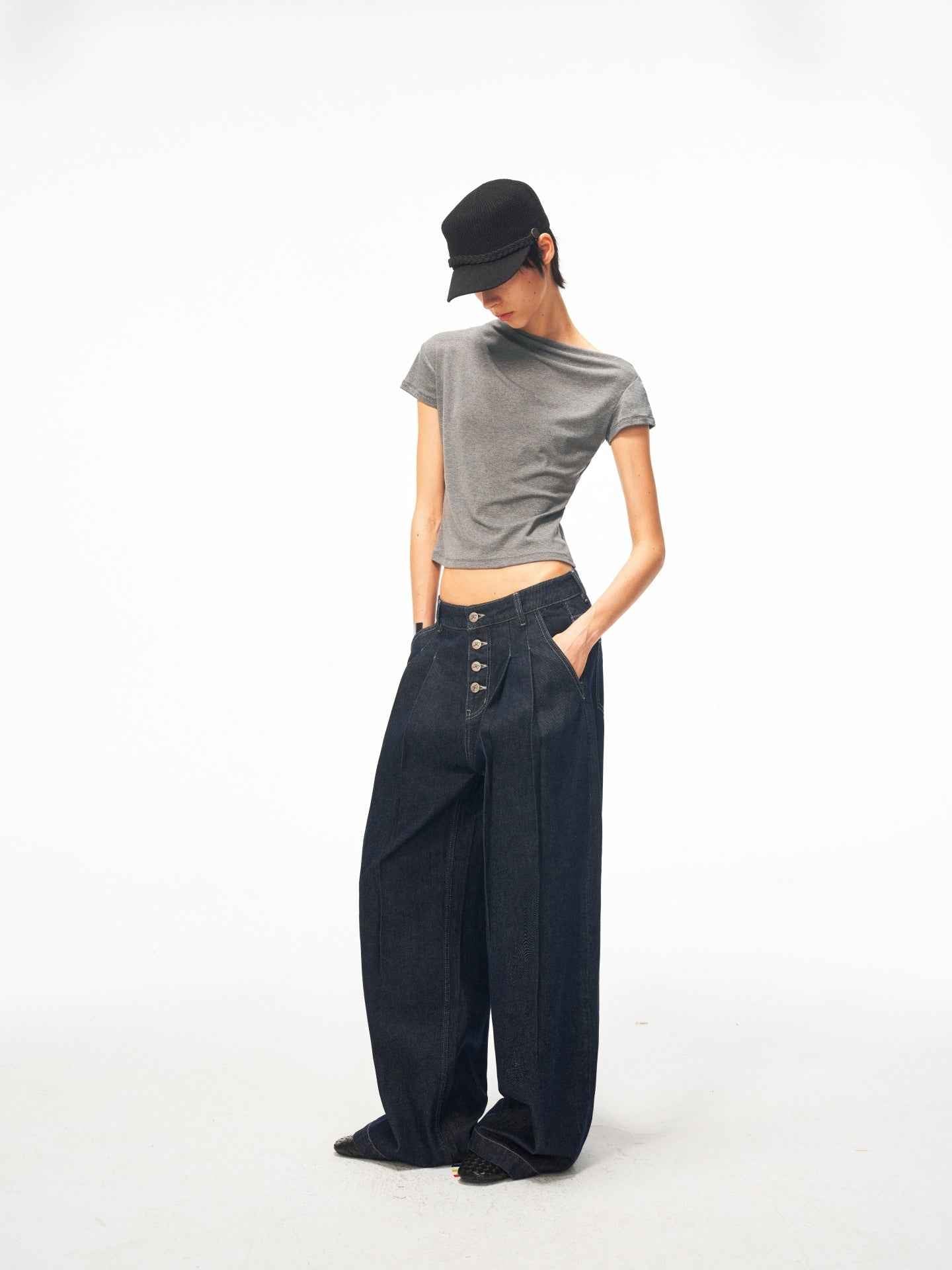 JCAESAR WOMEN Buttoned pleated cotton‑linen raw denim trousers