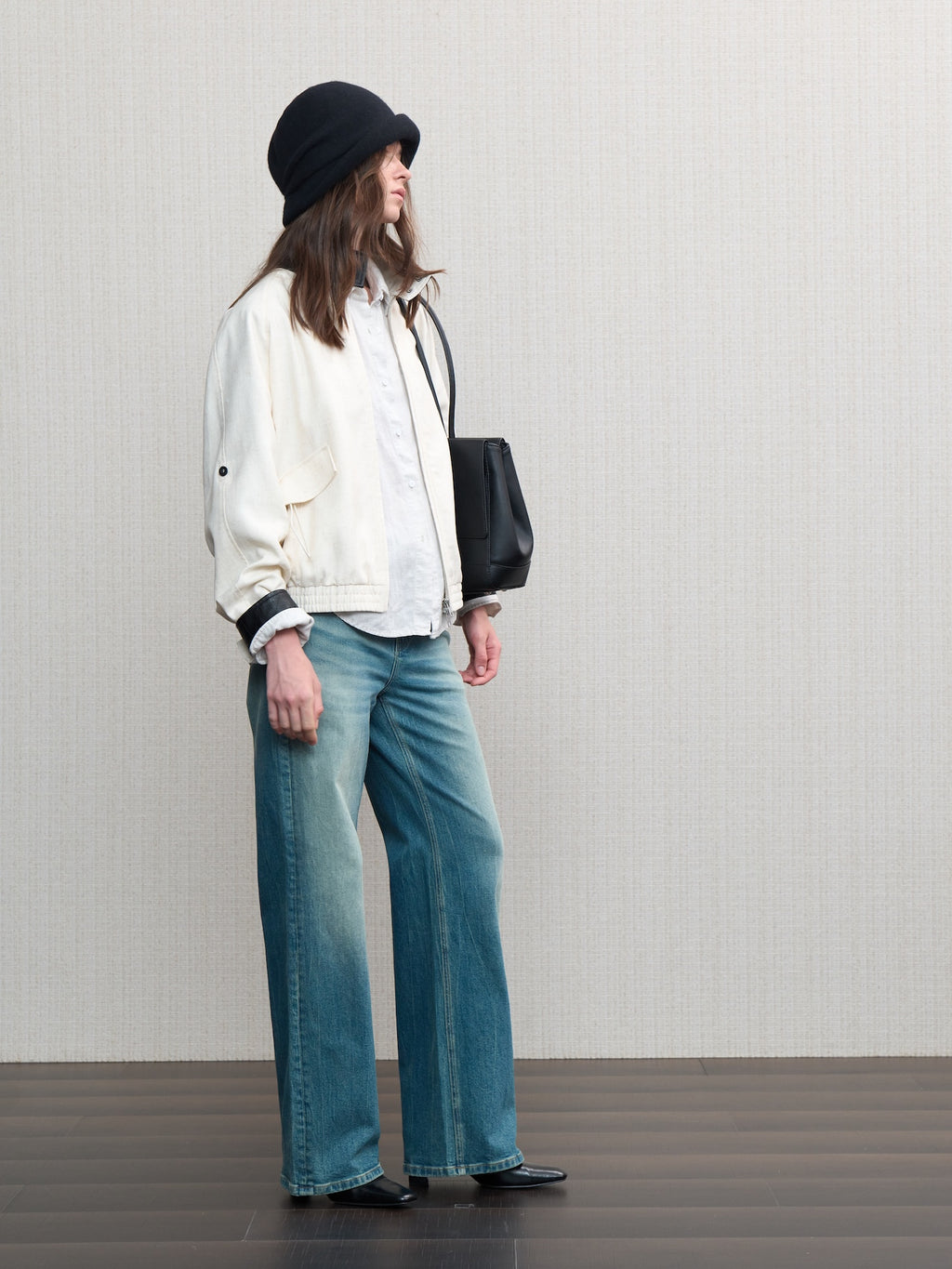 JCAESAR WOMEN Linen‑leather paneled Harrington jacket