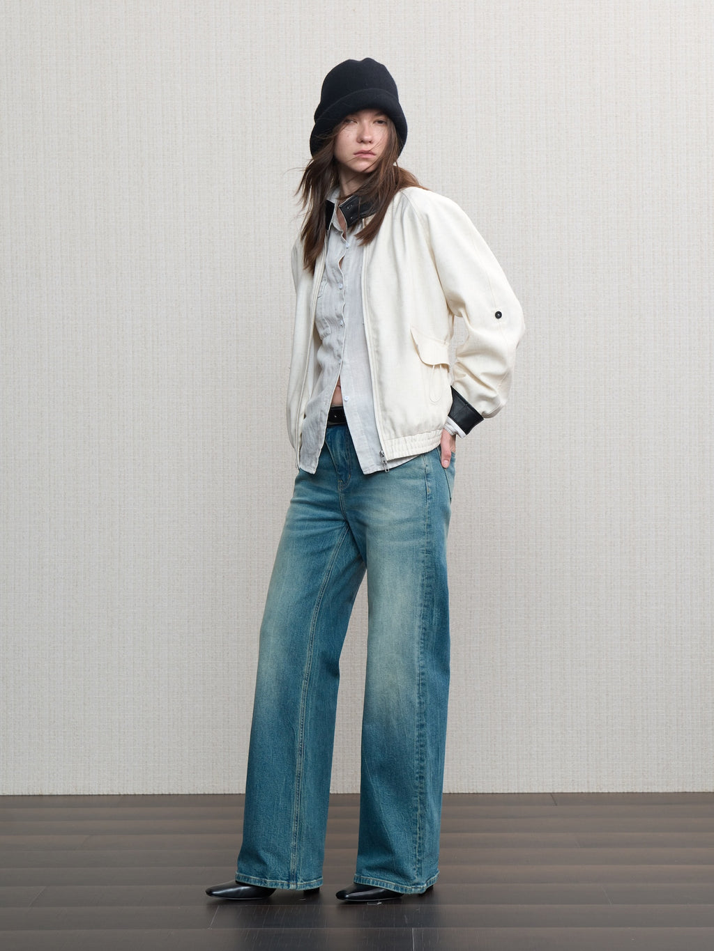 JCAESAR WOMEN Linen‑leather paneled Harrington jacket