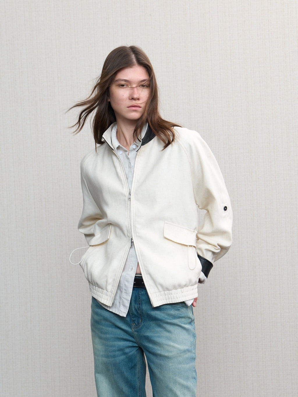 JCAESAR WOMEN Linen‑leather paneled Harrington jacket