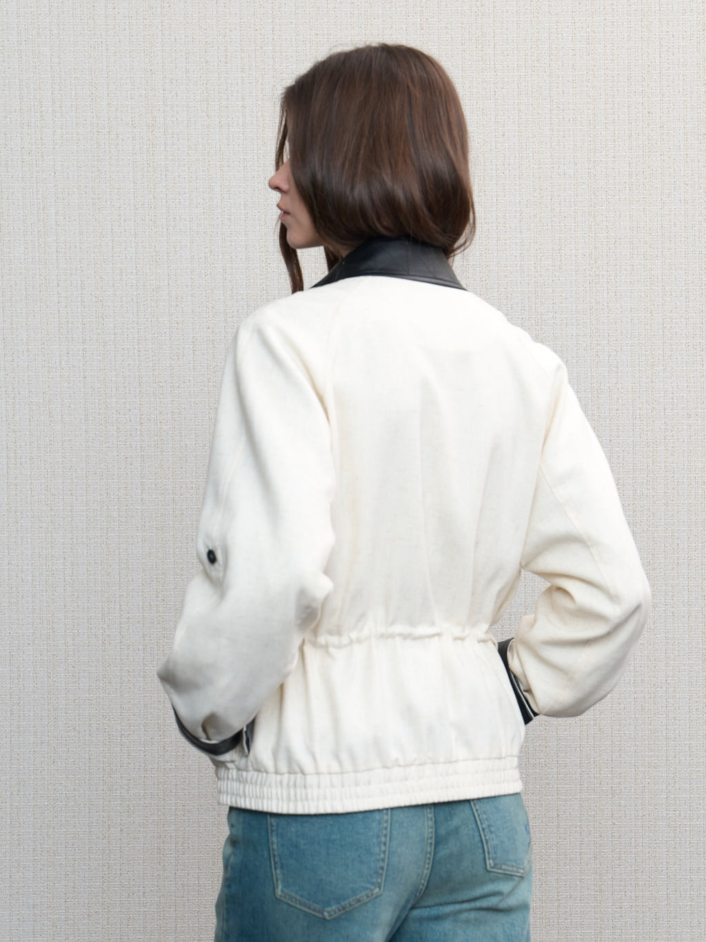 JCAESAR WOMEN Linen‑leather paneled Harrington jacket