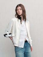 JCAESAR WOMEN Linen‑leather paneled Harrington jacket