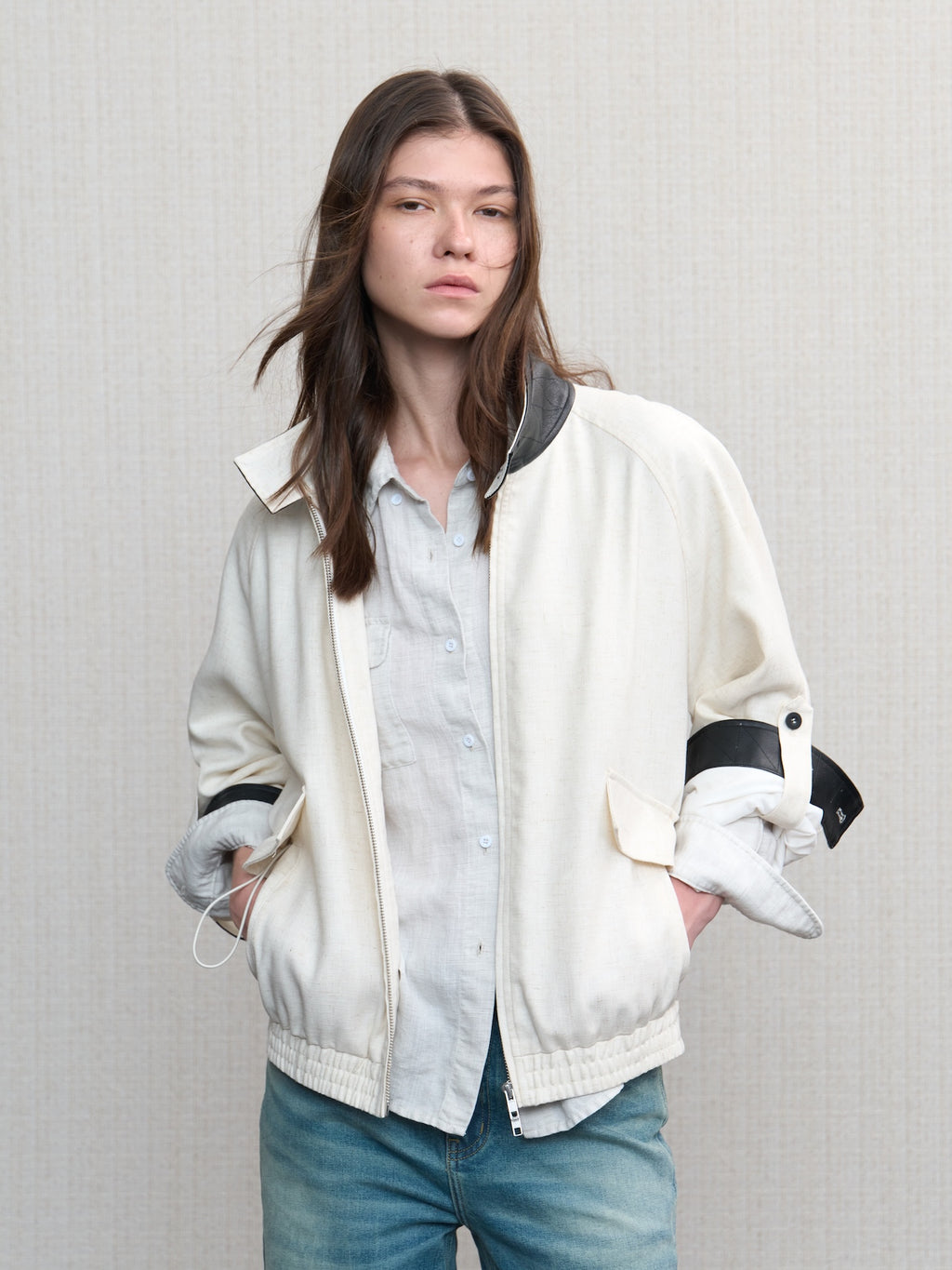 JCAESAR WOMEN Linen‑leather paneled Harrington jacket