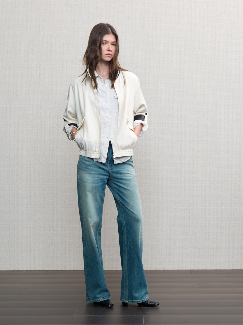 JCAESAR WOMEN Linen‑leather paneled Harrington jacket