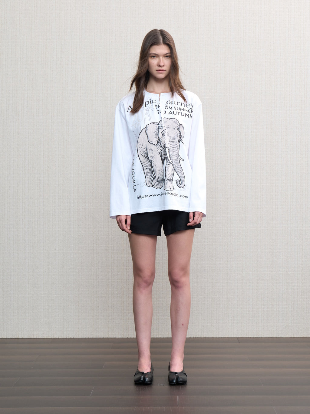 JCAESAR WOMEN Migrating‑elephant Henley oversized long‑sleeve shirt