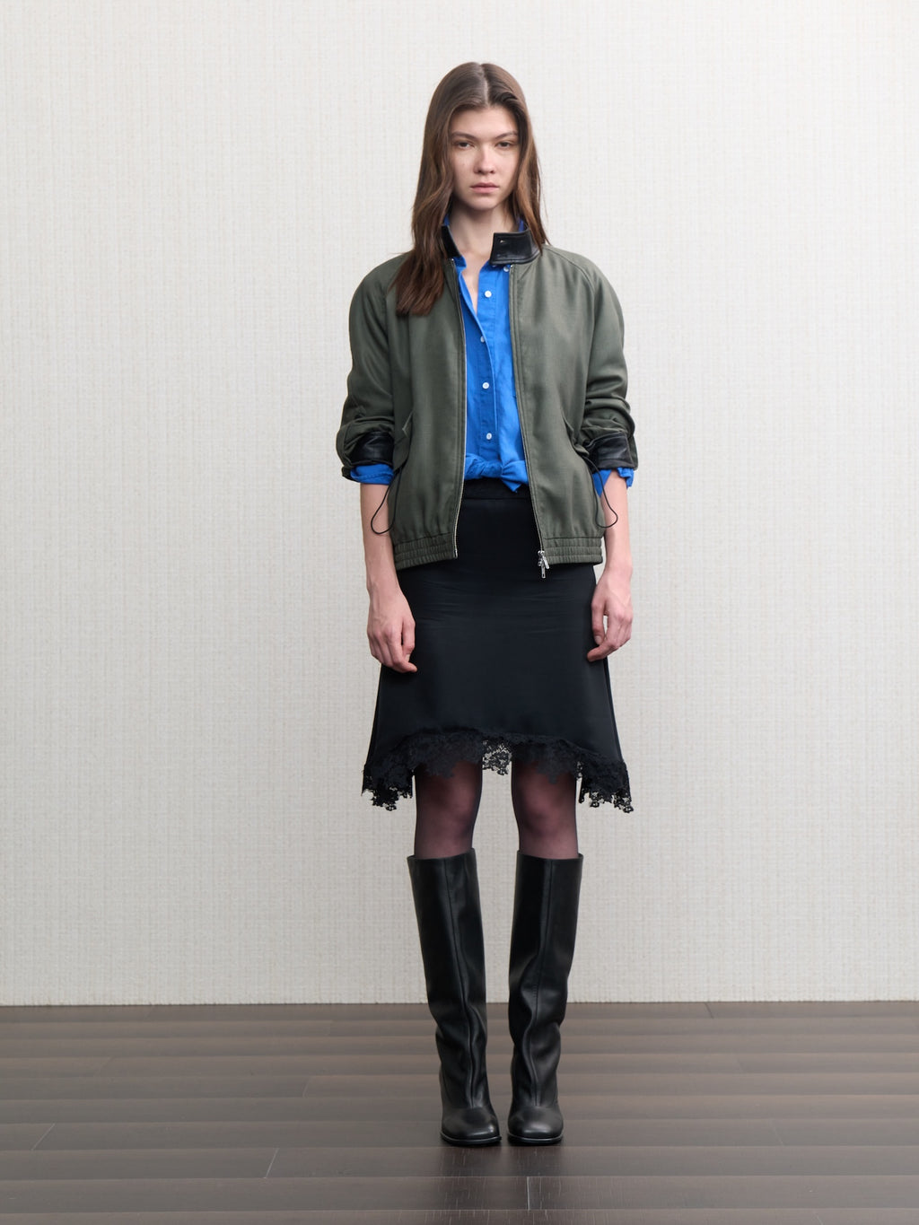 JCAESAR WOMEN Linen‑leather paneled Harrington jacket