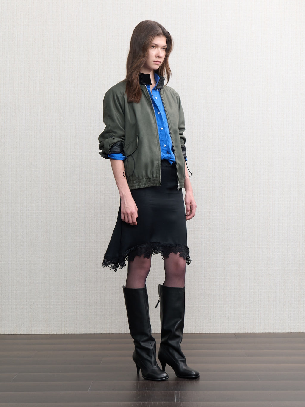 JCAESAR WOMEN Linen‑leather paneled Harrington jacket