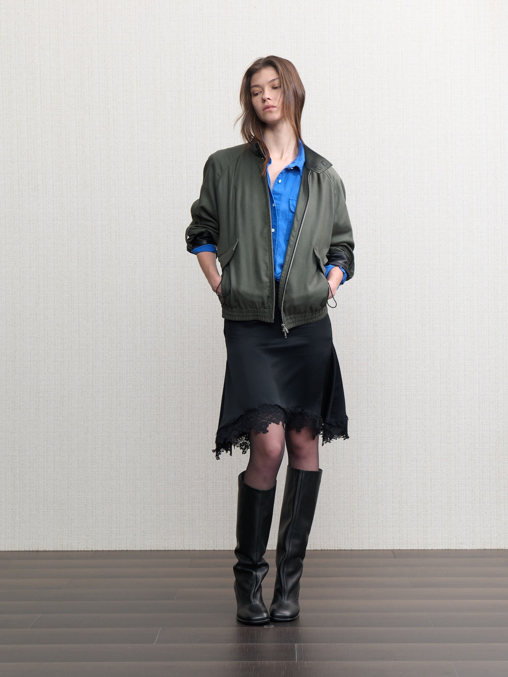 JCAESAR WOMEN Linen‑leather paneled Harrington jacket