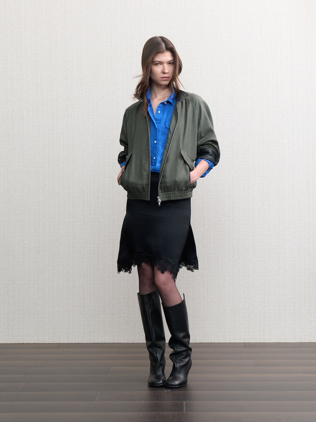JCAESAR WOMEN Linen‑leather paneled Harrington jacket