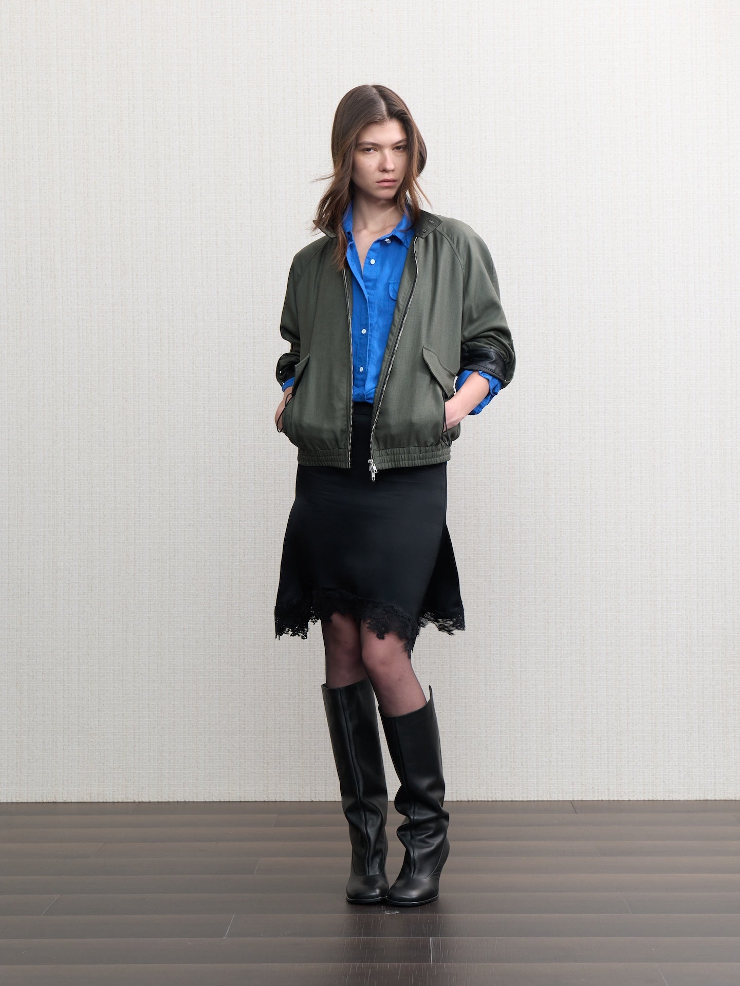 JCAESAR WOMEN Linen‑leather paneled Harrington jacket
