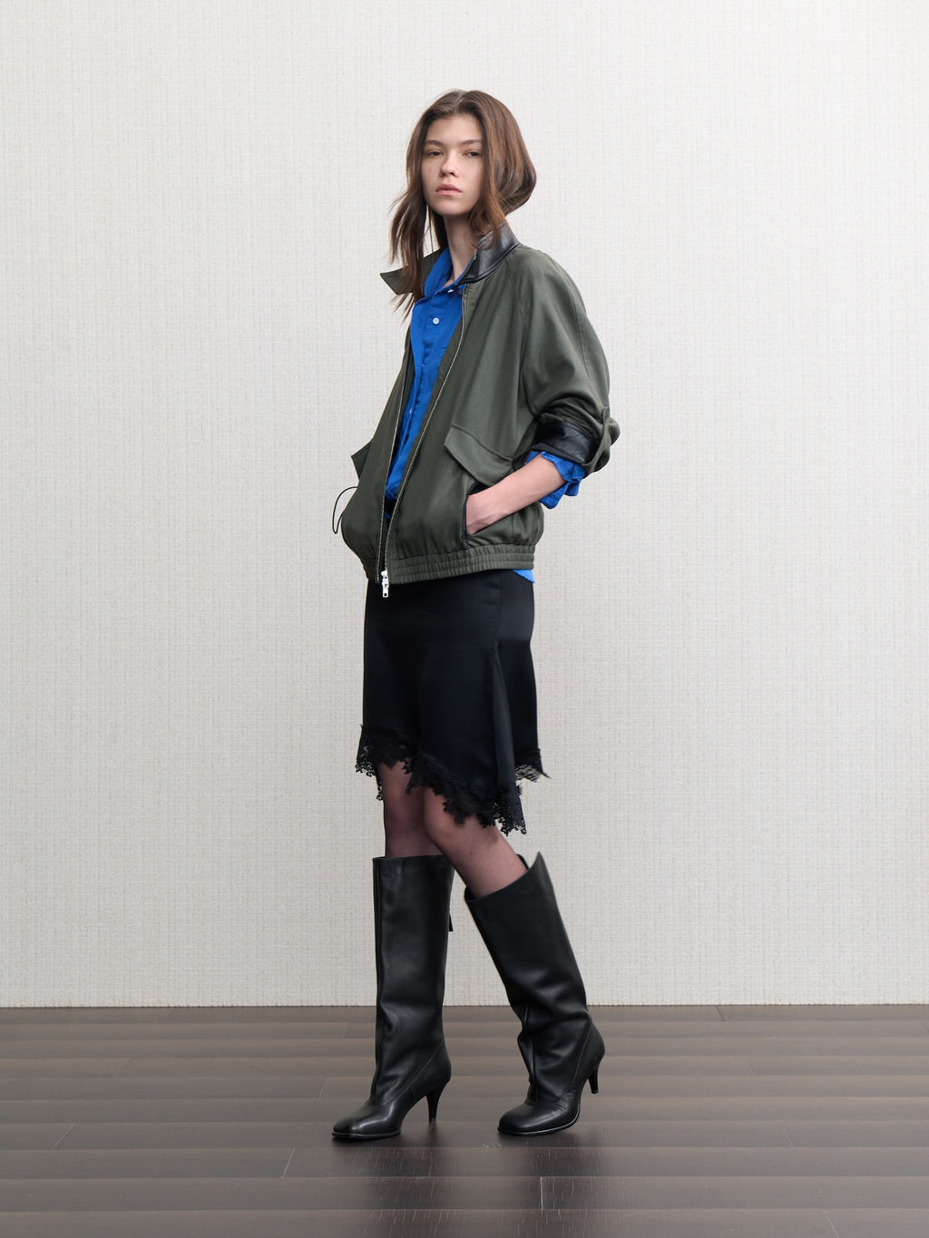 JCAESAR WOMEN Linen‑leather paneled Harrington jacket