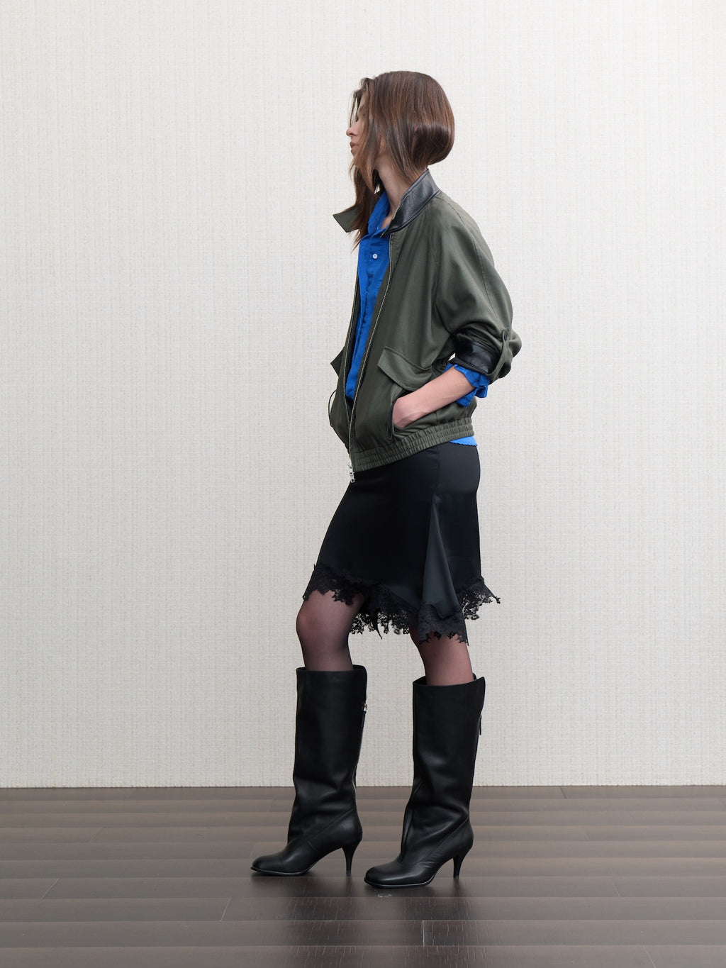 JCAESAR WOMEN Linen‑leather paneled Harrington jacket