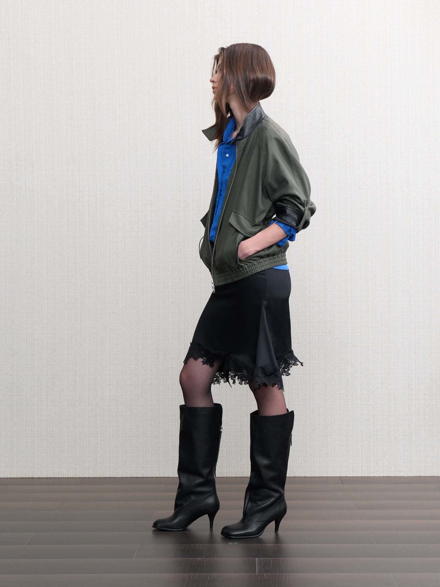 JCAESAR WOMEN Linen‑leather paneled Harrington jacket