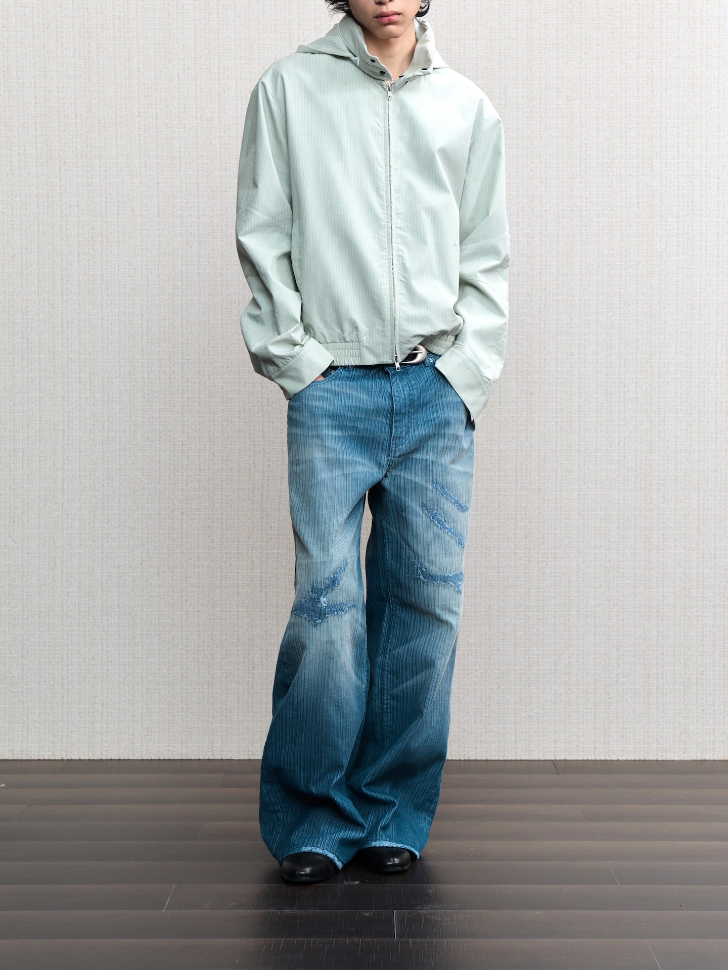 JCAESAR  Dusky‑green striped hooded jacket