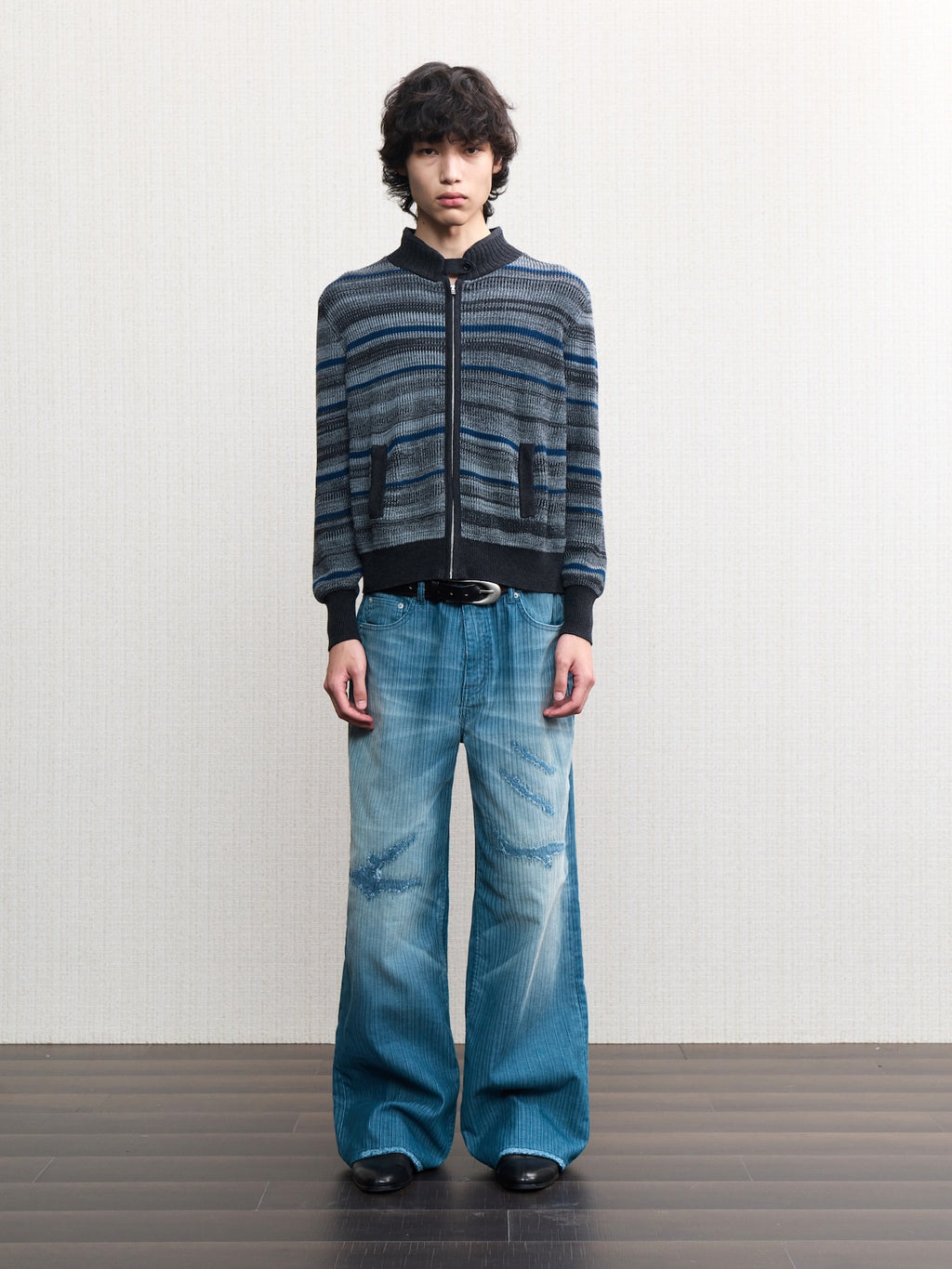 JCAESAR Washed distressed striped denim jeans