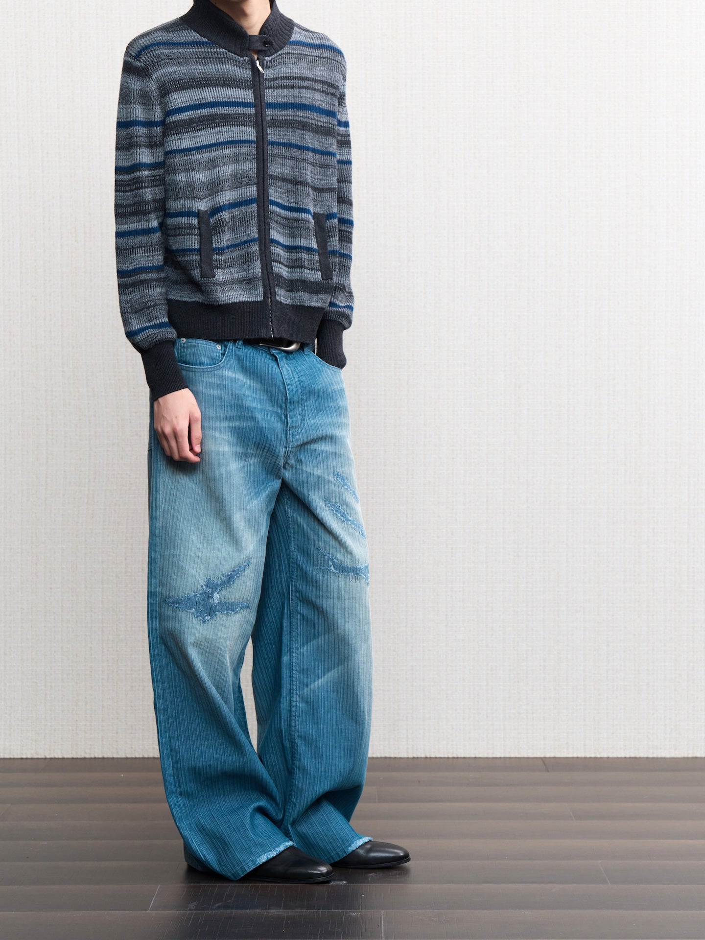 JCAESAR Washed distressed striped denim jeans