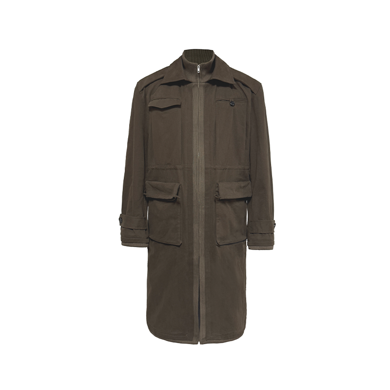 JCAESAR Multi‑Pocket Trench Coat with Ribbed Panels