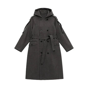JCAESAR WOMEN Hooded Double‑Breasted Herringbone Trench Coat - jcaesarclo