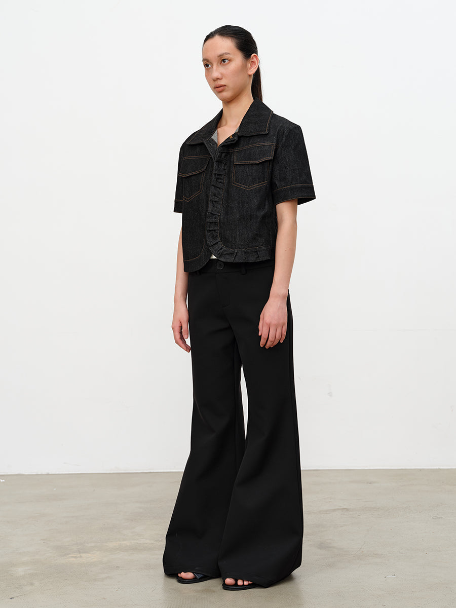 JCAESAR WOMEN Diagonal Collar Waist-Cinched Raw Denim Jacket - jcaesarclo
