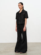 JCAESAR WOMEN Diagonal Collar Waist-Cinched Raw Denim Jacket - jcaesarclo