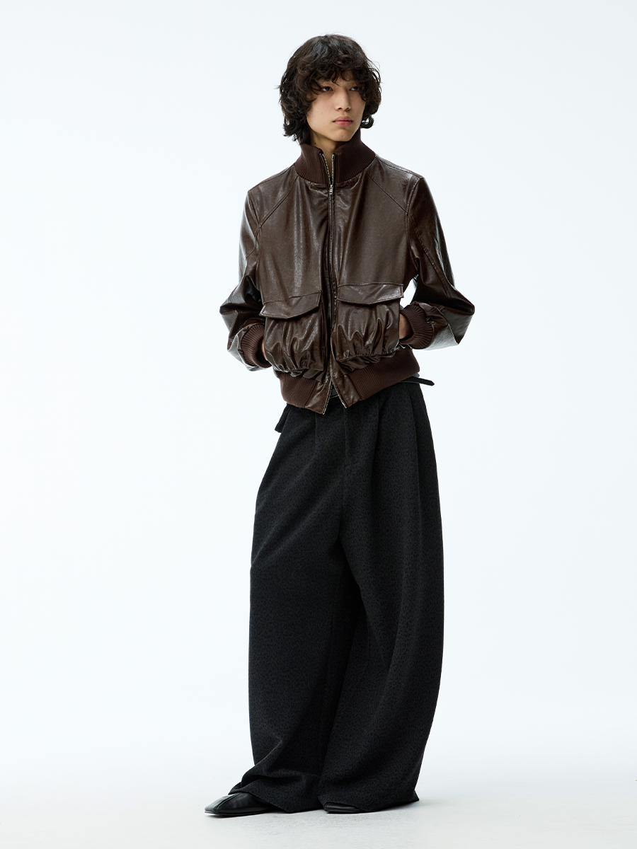 JCAESAR Pleated Side Waist Dark Leopard Print Long Pants