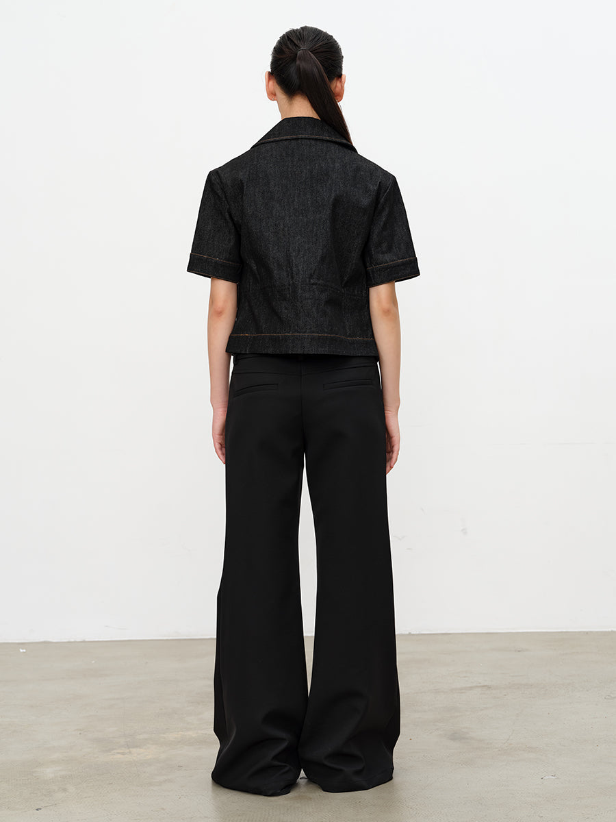 JCAESAR WOMEN Diagonal Collar Waist-Cinched Raw Denim Jacket - jcaesarclo
