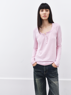 JCAESAR WOMEN U-Neck Rolled Hem Henley Long-Sleeve Shirt