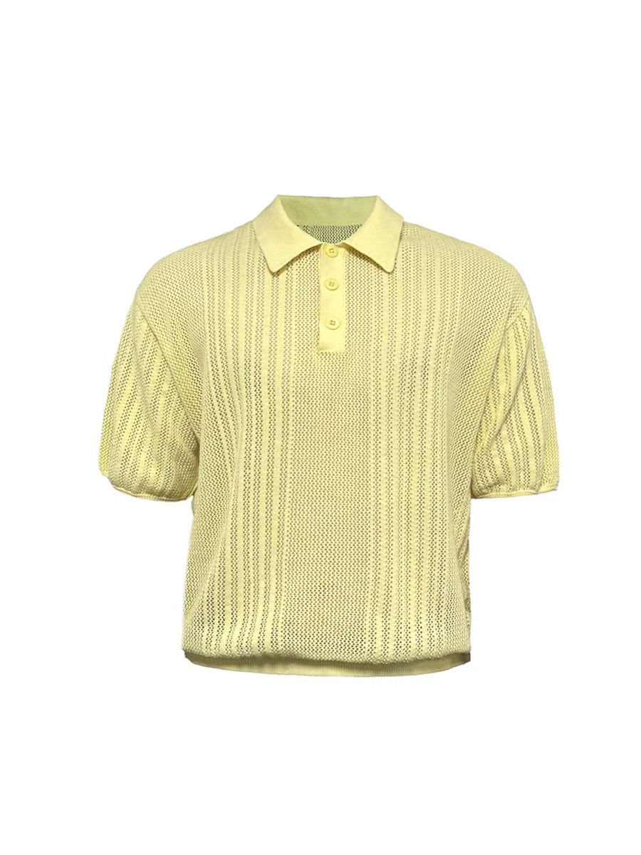 JCAESAR Cut‑Out Ribbed Polo‑Collar Short‑Sleeve Top - jcaesarclo