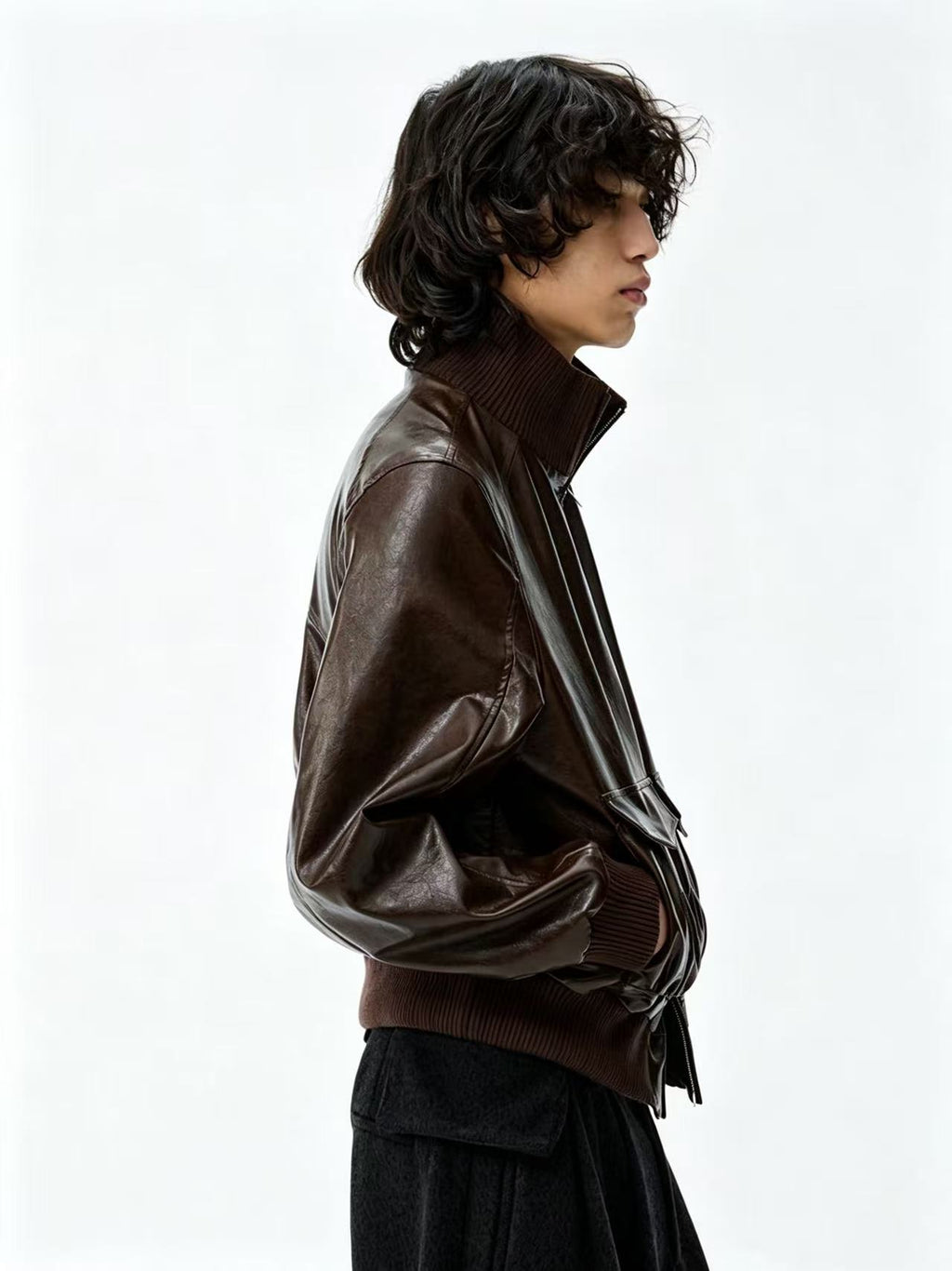JCAESAR Pleated Short Leather Jacket
