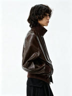 JCAESAR Pleated Short Leather Jacket